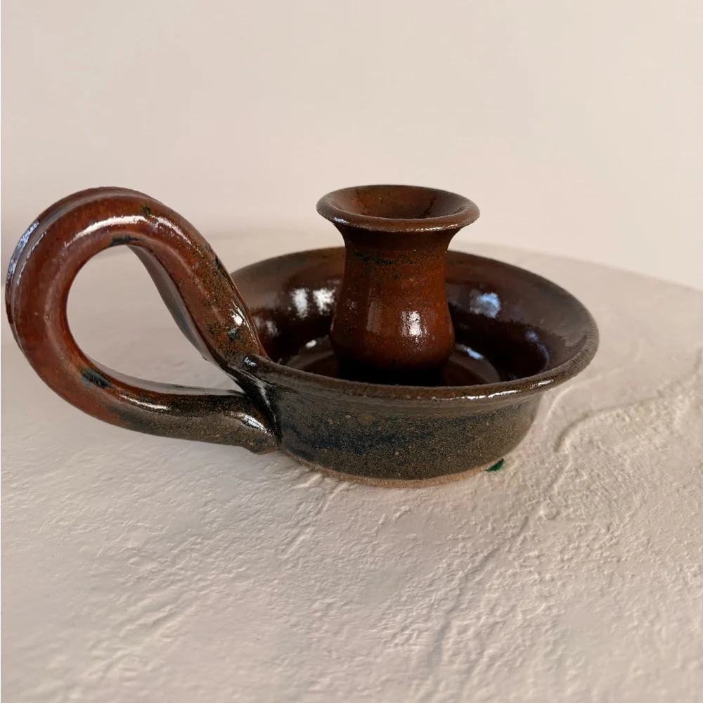 VINTAGE CHAMBER-STICK STUDIO POTTERY CANDLE HOLDER HANDMADE COTTAGECORE BOHO MCM